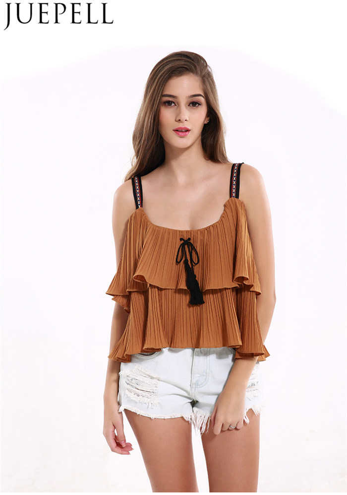 European and American Women New Summer Solid Color Top Laminated Flounced Fold Bandage Strapless Harness Small Shirt Women Vest Blouse