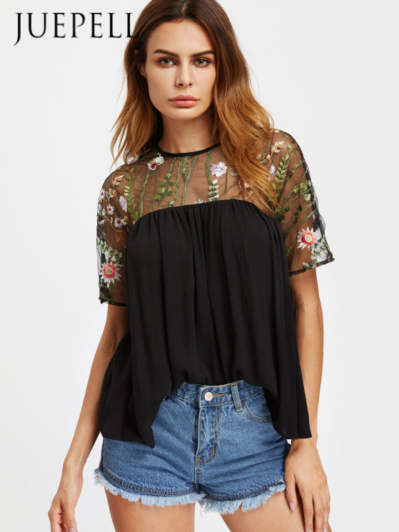 Embroidered Mesh Shoulder Button Keyhole Back Smock Blouse