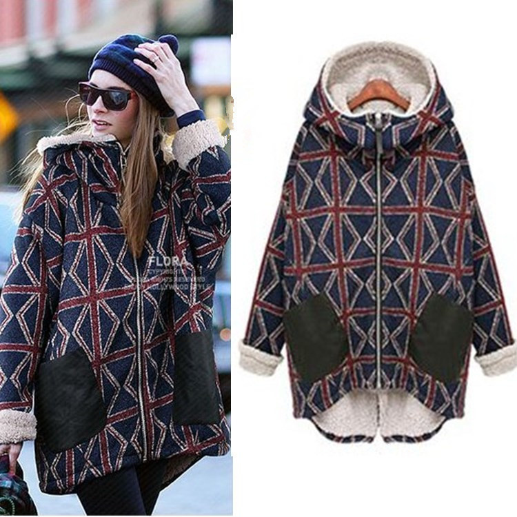 Plus Size Winter Overcoat Long Sleeve Loose Red Check Quilted Sweater with Suede Hoodies