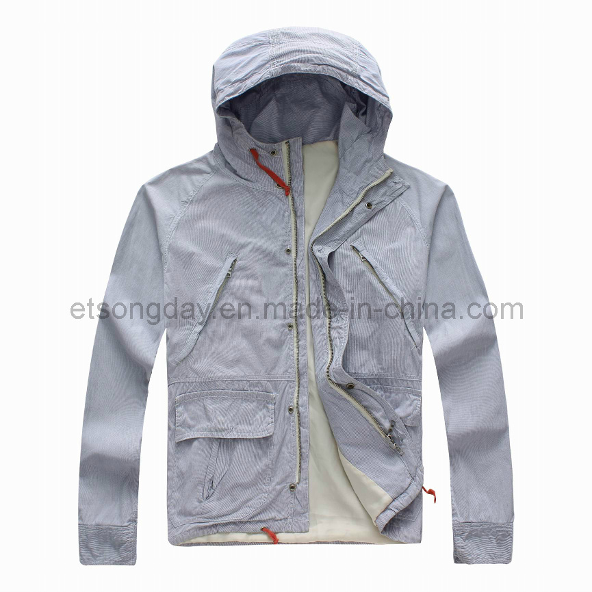 Gray 100% Cotton Men's Casuall Jacket with Hat (GT72051)