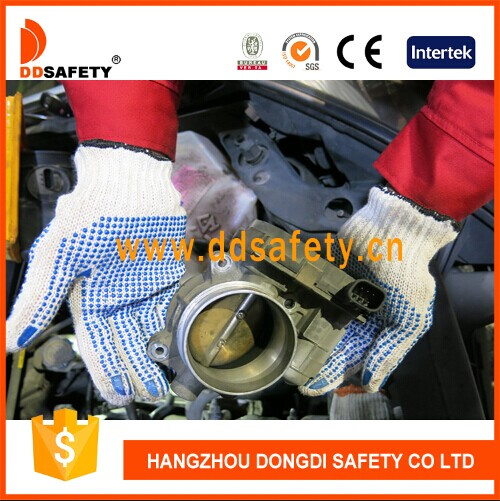 Ddsafety 2017 Bleach Cotton Polyester String Knit Blue PVC Dots Both Sides Working Safety Glove