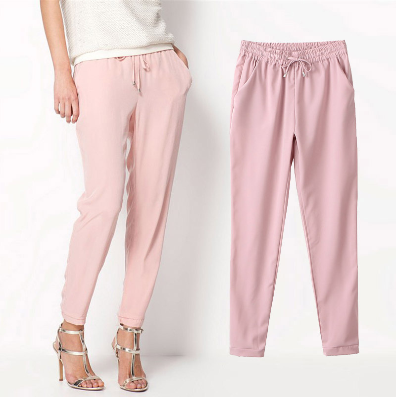 Casual Elastic Waist Solid Color Women Chiffon Pants