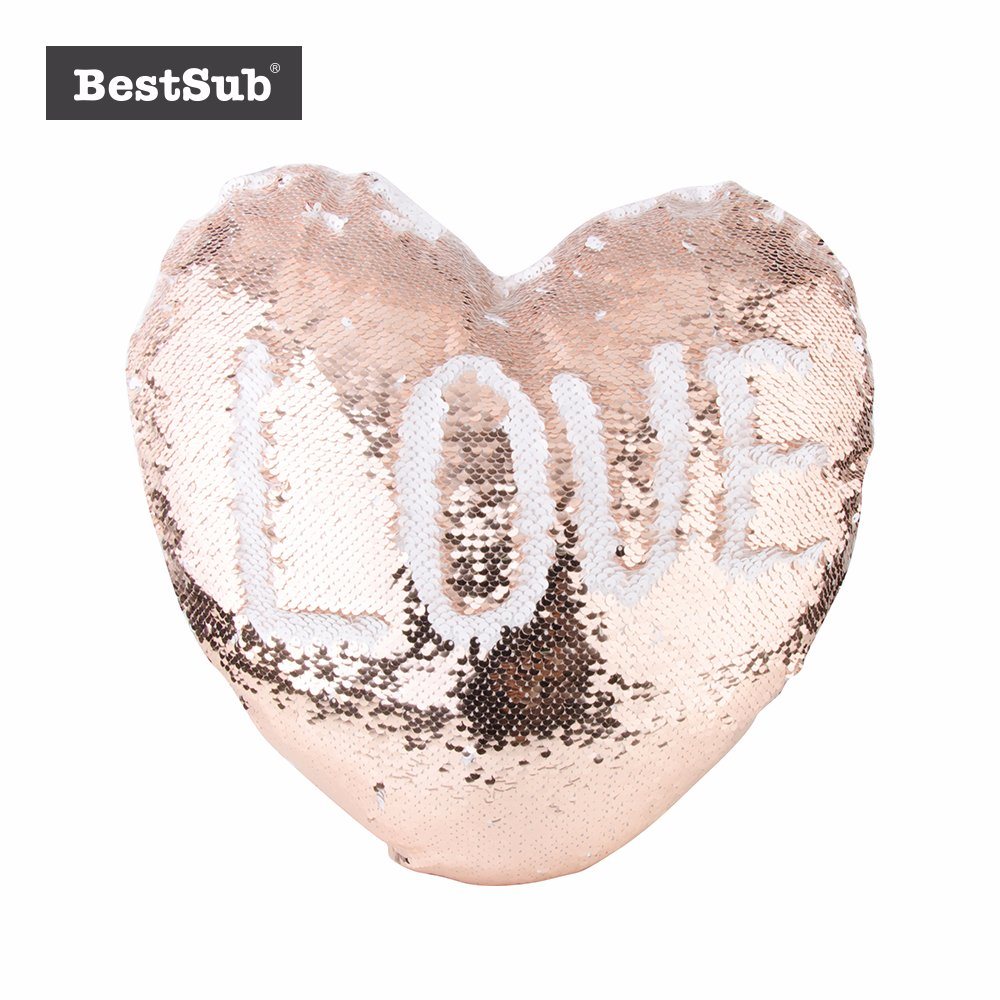 Sublimation Blank Heart Shaped Sequin Pillow Cover with Custom Photo Print (Champagne w/ White, 39*44cm) (BZLP3944HC-W)