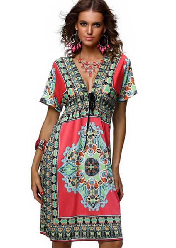 Sexy Deep V-Neck Plus Size Beach Printed Dress (50117-1)