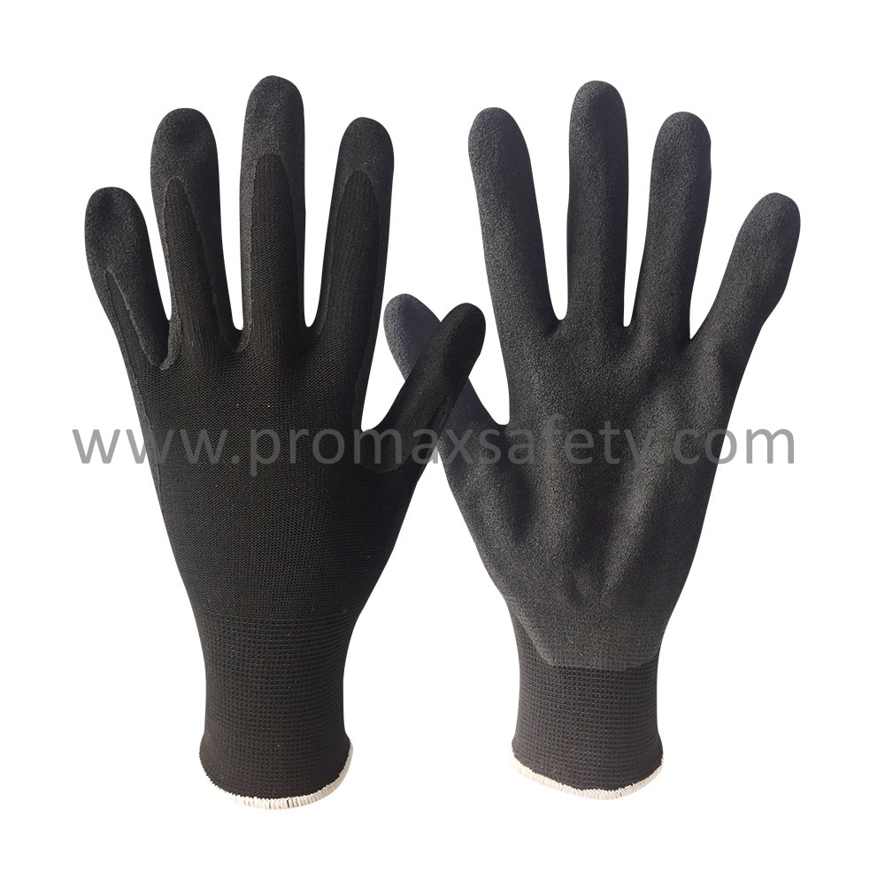 13G Black Polyester Knitted Gloves with Black Sandy Nitrile Coated