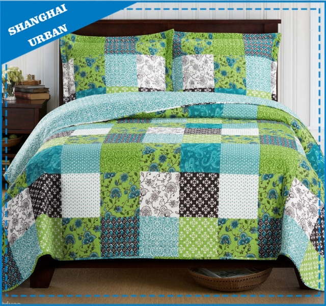 Green Shade Printed Polyester Patchwork Style Bedspread Set