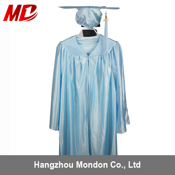 Primary School Sky Blue Shiny Graduation Caps&Gowns with 2017 Year Charm Tassel