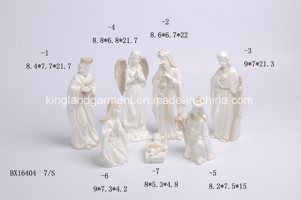 White/ Gold Ceramic Glaze Nativity Set for Christmas Decoration