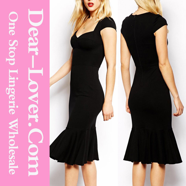 Black Bodycon MIDI Dress with Flouncing Hemline