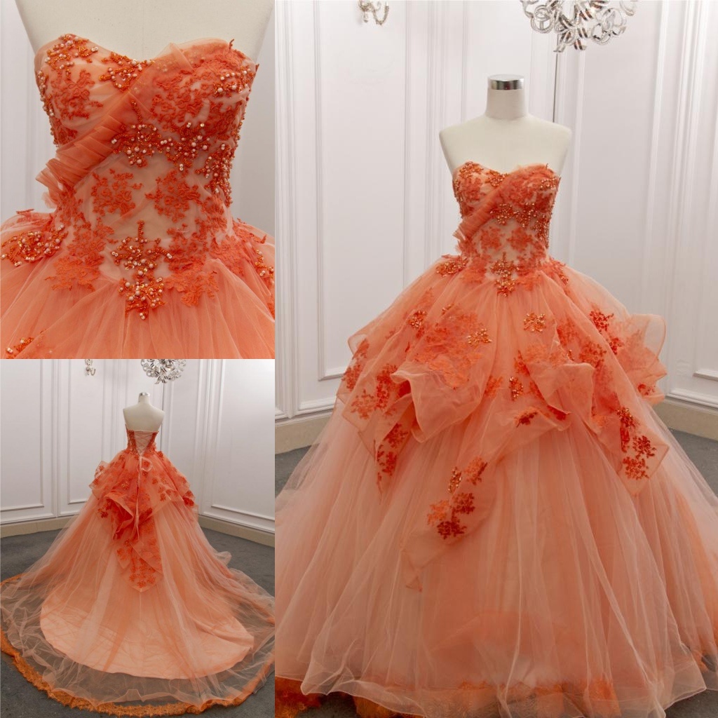Strapless Orange Lace Tulle Ball Gown Big Train Evening Dress