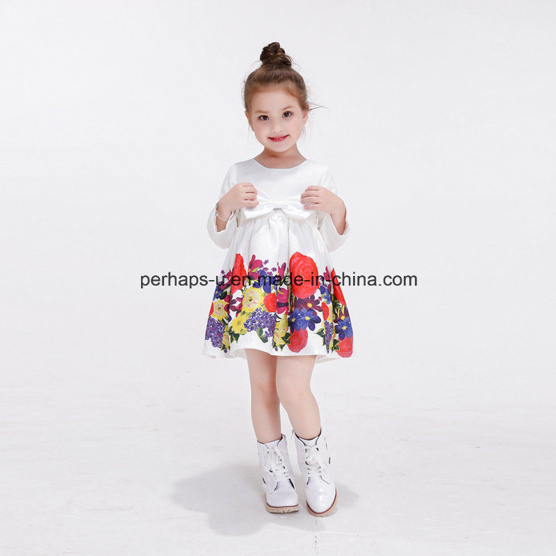 High Quality Long-Sleeve Printing Lovely Flower Girl Dress Children Wear