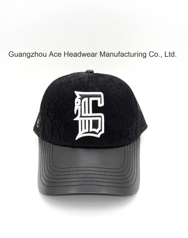 Custom 3D Embroidery Summer Black Mesh Trucker Baseball Cap with PU Brim