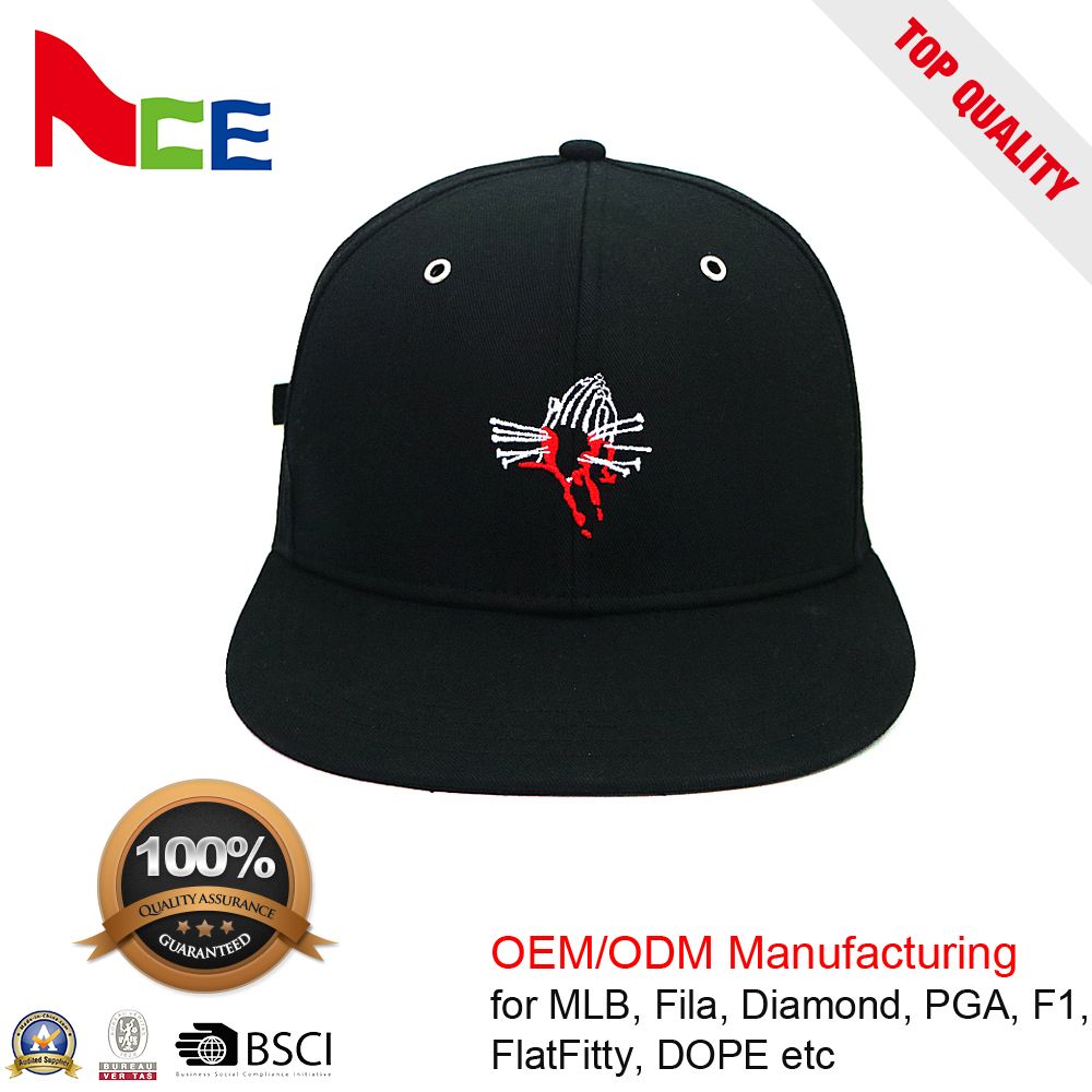 Factory Custom Embroidery 6 Panel Flat Brim Double Back Closure Snapback Cap