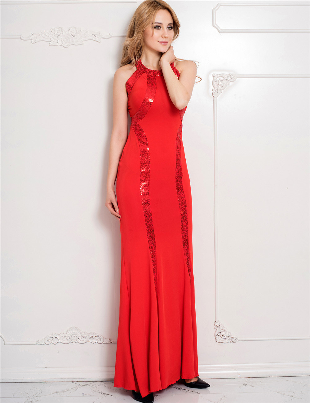 New Arrivals Wholesale Red OEM Services Brand 2017 Sequined Long Cutout Prom Dresses
