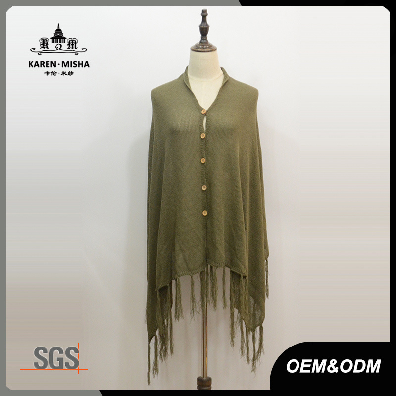Women Button Caridigan Poncho Sweater with Fringe Hem