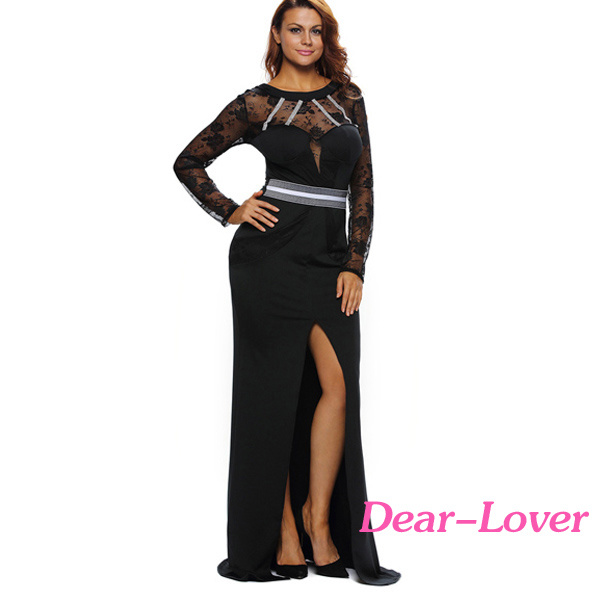 Black Sheer Lace Front Slit Long Prom Evening Dress