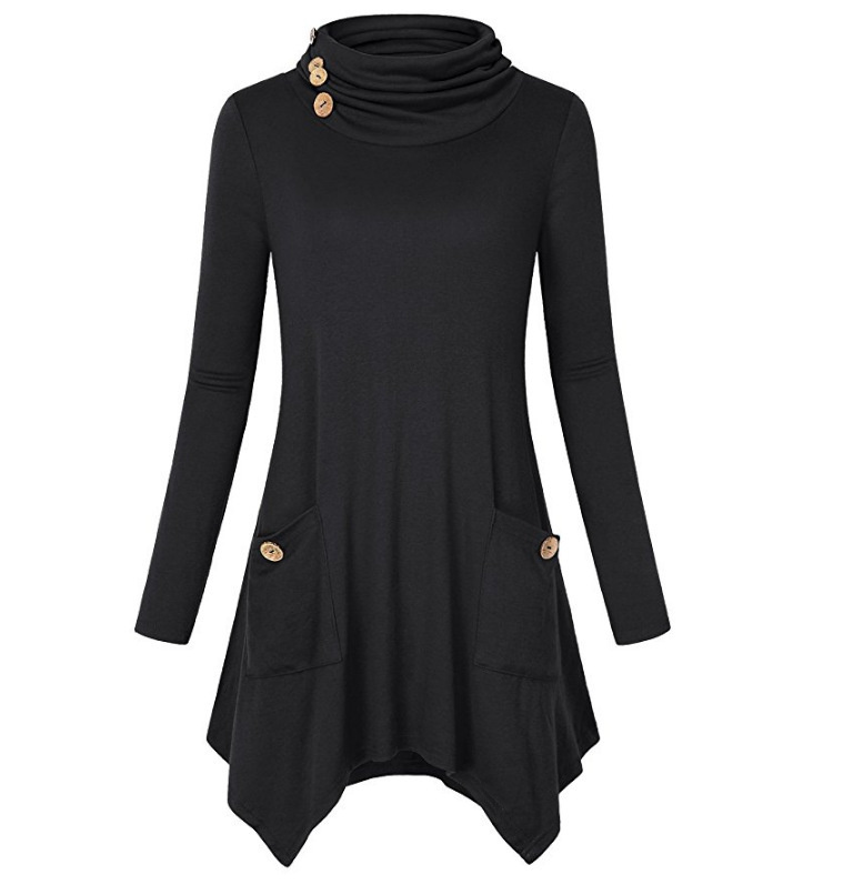 Women Turtleneck Asymmetric Tunic Tops with Pockets Esg10454