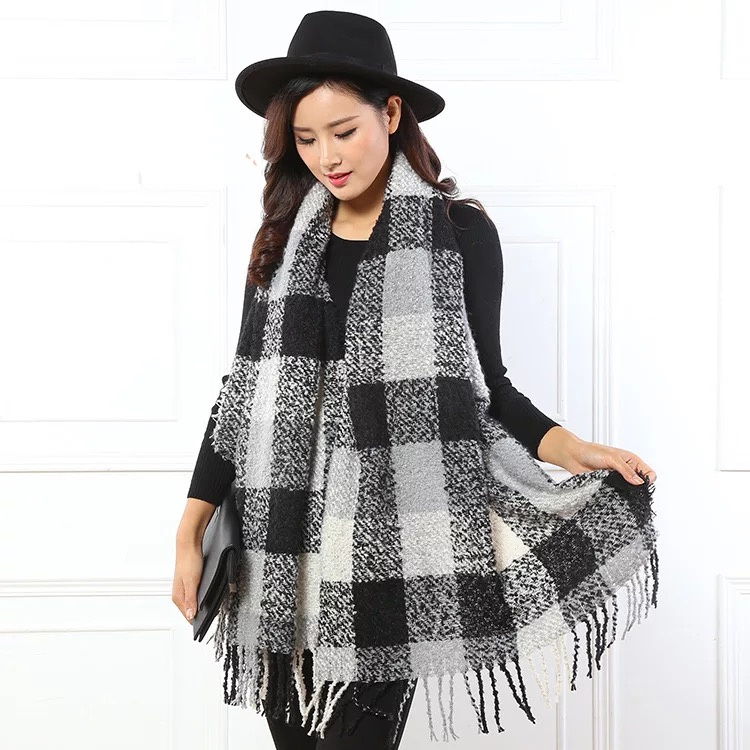 Elegant High Quality Loop Acrylic Yarns Woven Check Fashion Stole / Scarf (HWBA060)