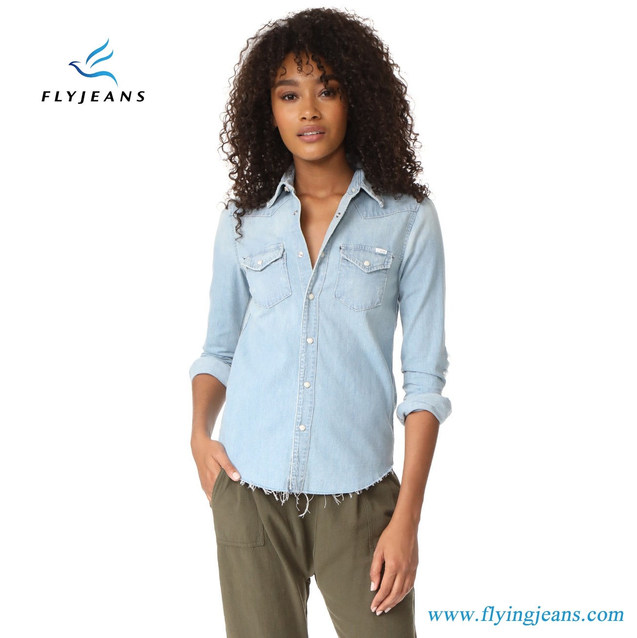New Fashion Light Blue Women Denim Shirts with Long Sleeves by Fly Jeans