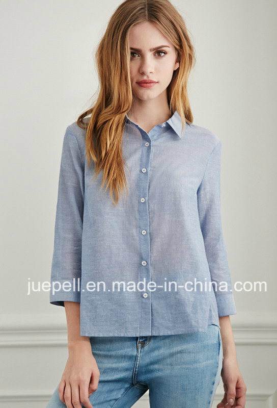 Button-Tab 3/4 Sleeves Classic Chambray Fashion Blouse