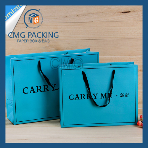 Printed Blue Shopping Bag with Black Printing and Wide Satin Handle (CMG-MAY-041)