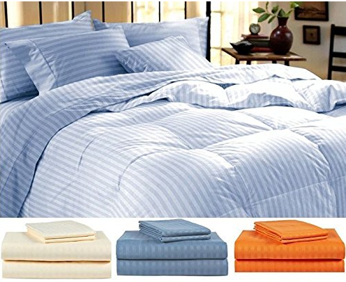 King Blue Striped Bed Sheet Set- 4 Pieces Set