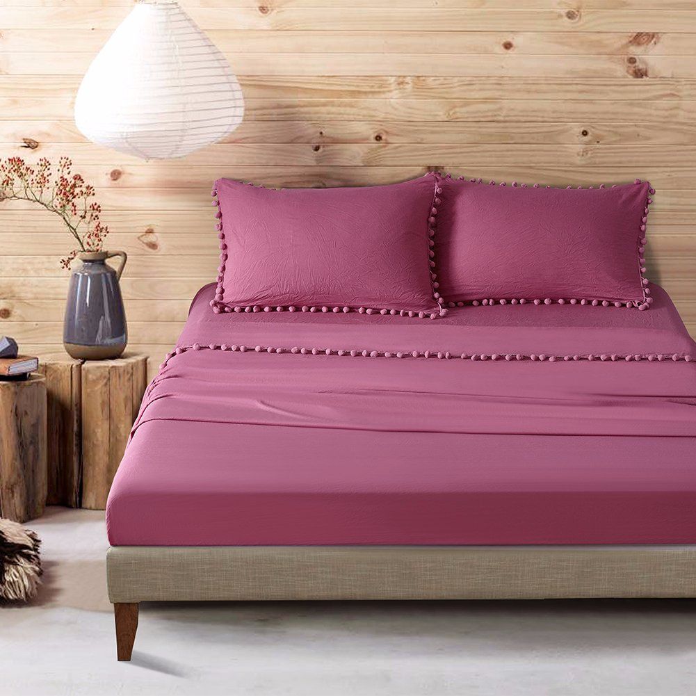 4PCS Microfiber Linen Sheet Set in Stone Washed Solid Color Flouncing