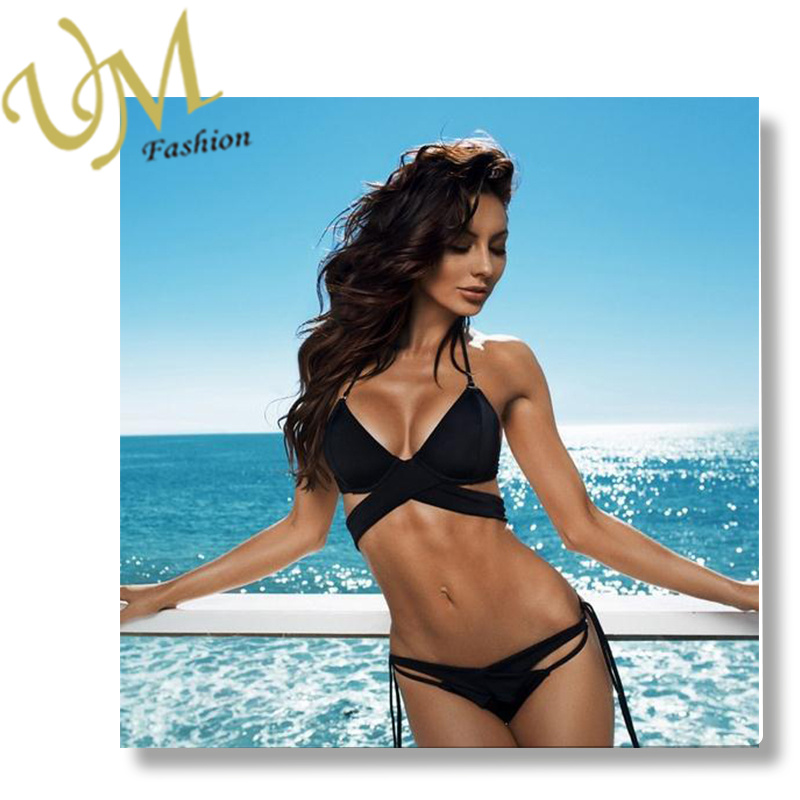 Black Push up Halter Bikini Top Double String Bottom Swimwear