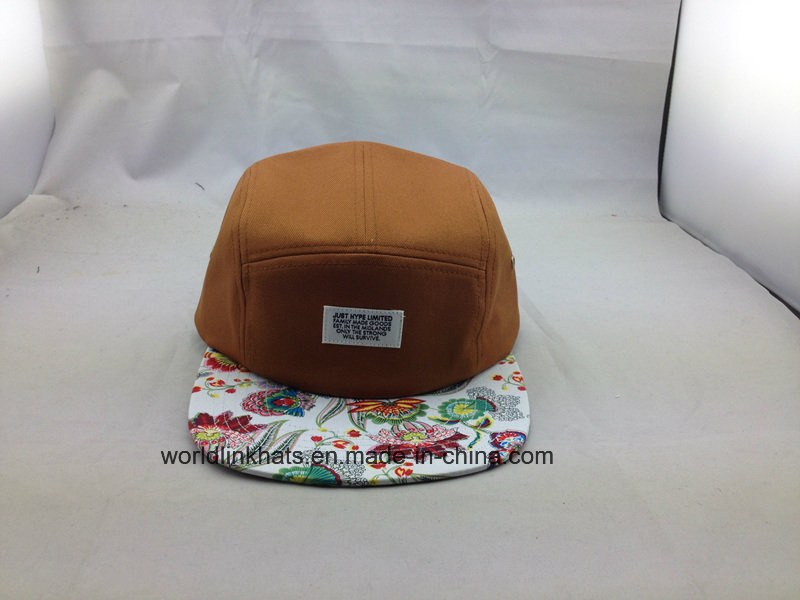 100% Cotton Printed Flat Brim 5 Panel Snapback Cap