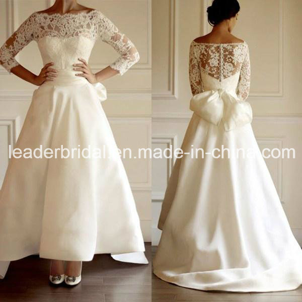 Illusion 3/4 Sleeves Wedding Dress Hi-Low Lace Bridal Wedding Gown Wd158
