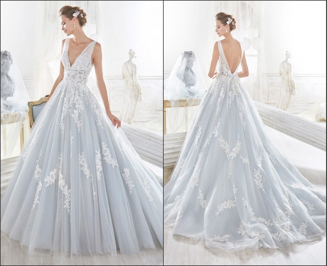 V-Neckline Blue Ball Gowns Applique Lace Bridal Wedding Dresses Z5054