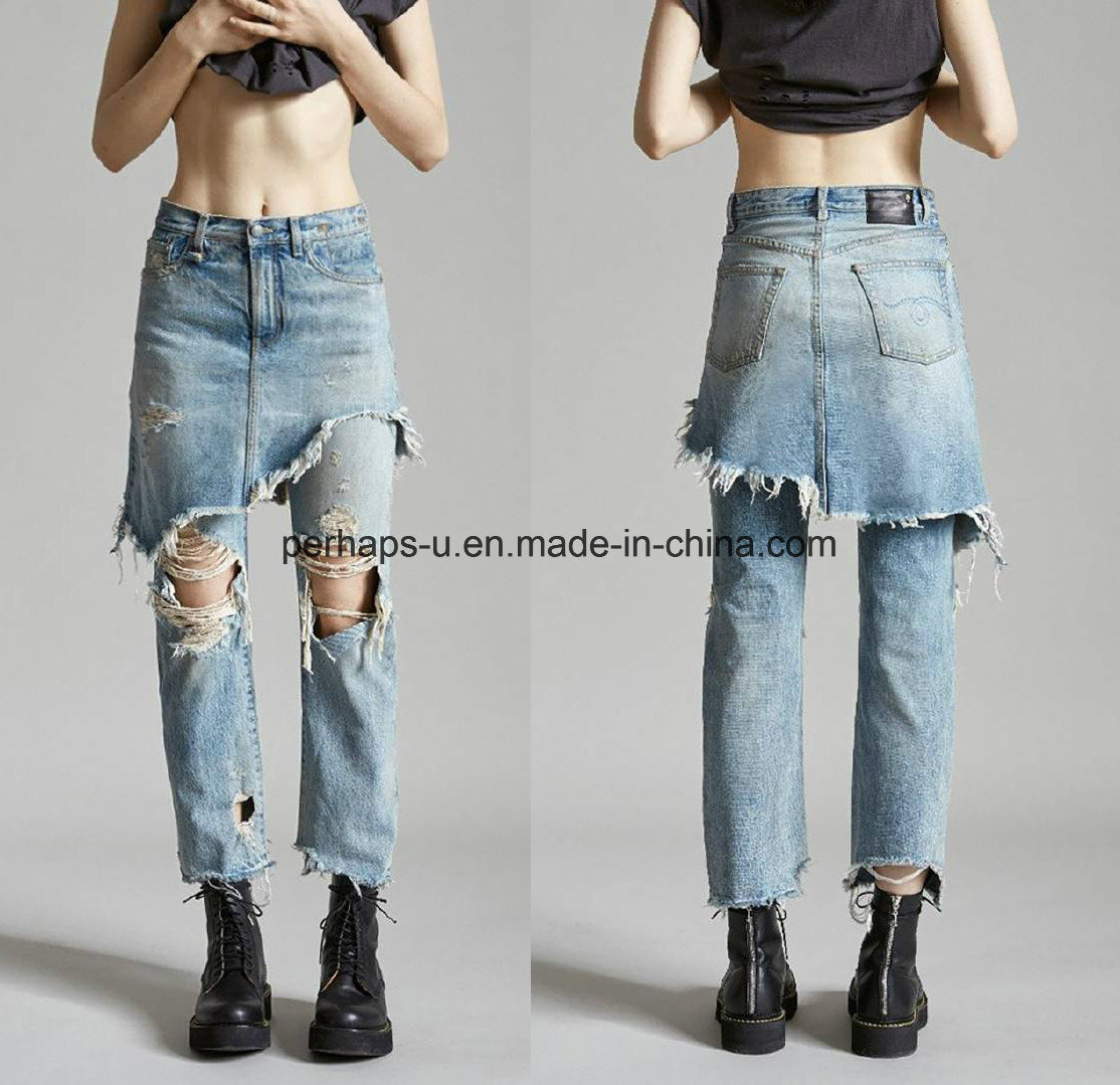 Fashion Women Fake 2-Piece Long Ripped Jeans Ladies Pants