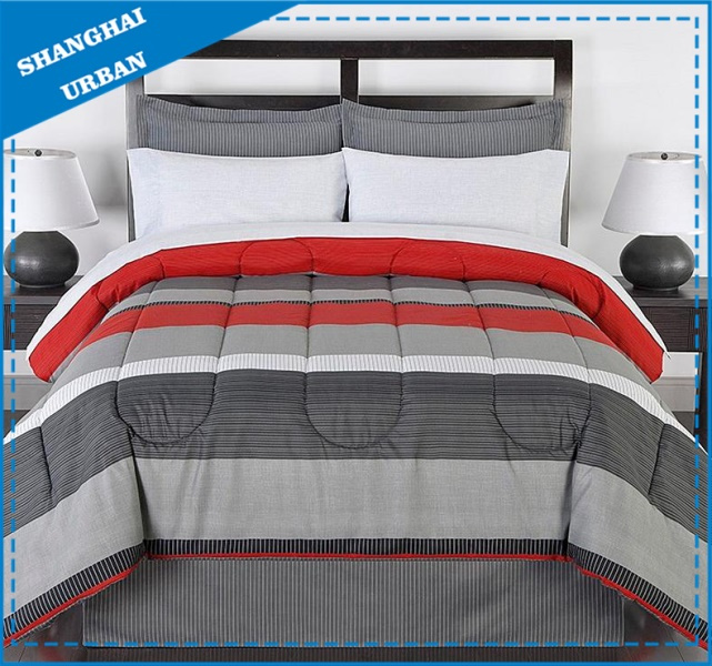 3 Piece Red Gray Stripes Printed Polyester Comforter Bedding