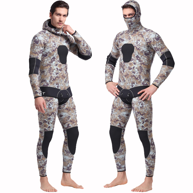 5mm Two-Piece Camouflage Wetsuit with Cap& Neoprene Diving Suit&High-Elastic Men's Surfing Suit