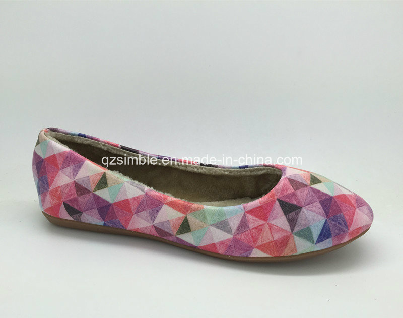 Nice Geometric Pattern Flat Ladies Ballerina Shoes with Fur