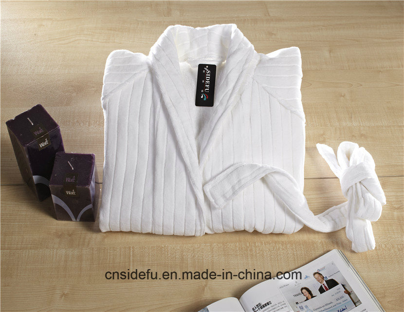 Customized White Shawl Collar Ribbed 5 Star Hotel Men Stripe Velour Bathrobe