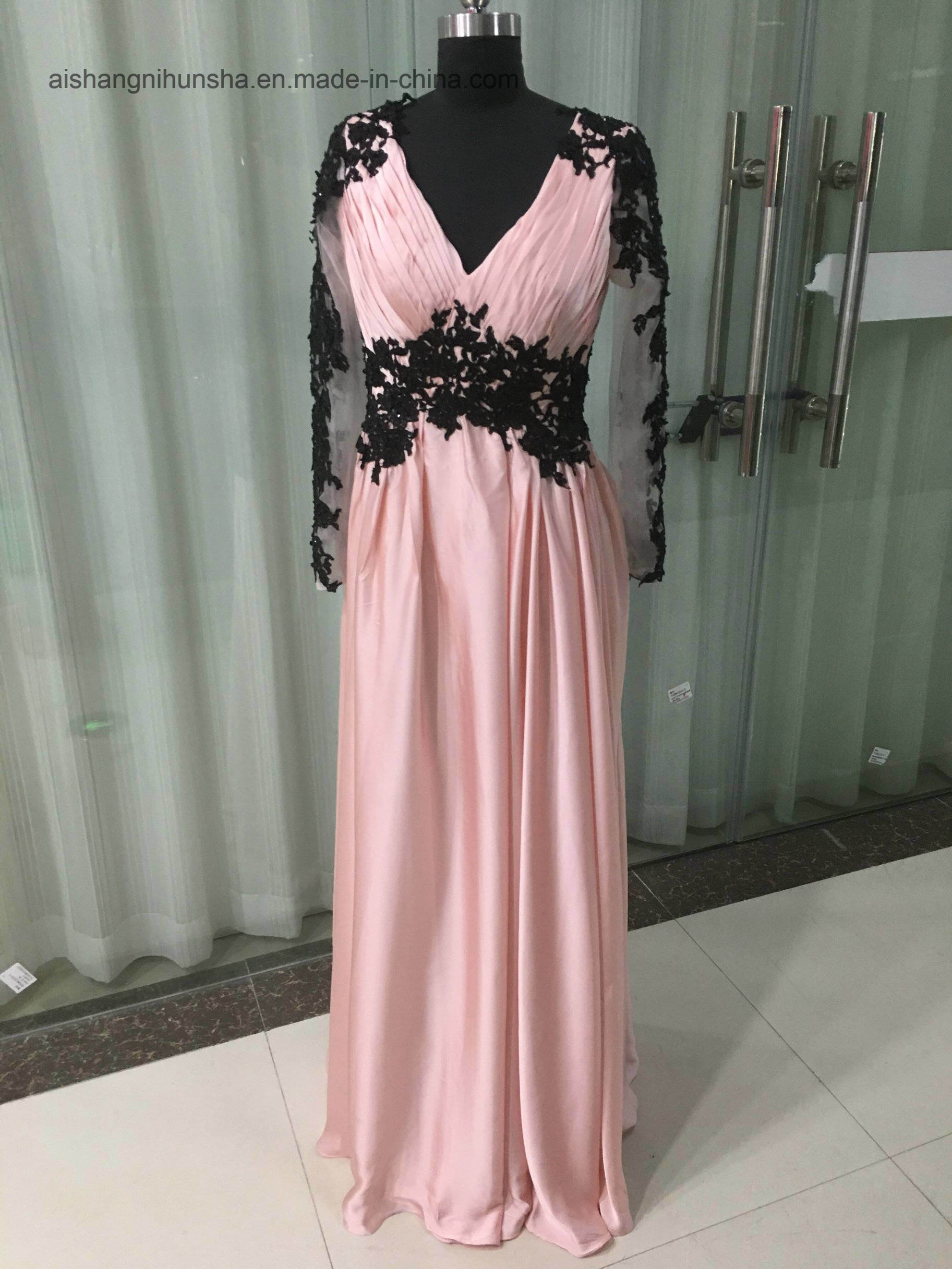 Lovemay Pink Beautiful Stain Long Lace Sleeves Party Evening Gown