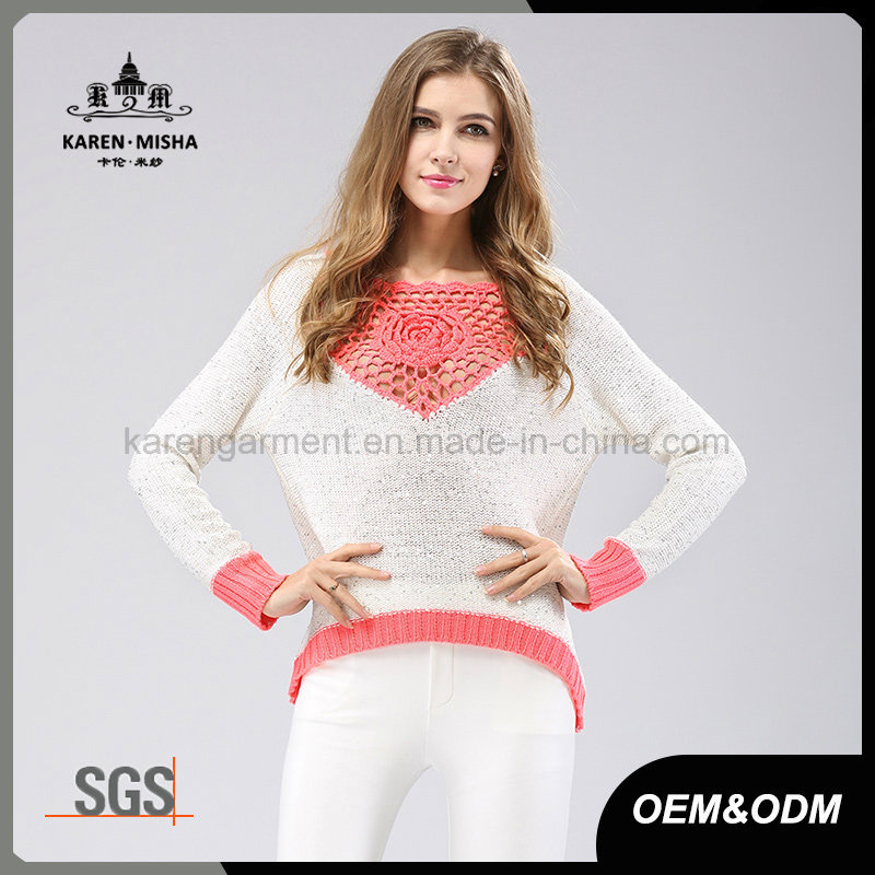 Chunky Sequined Hi-Lo Hem Round Neck Crocheted Patterned Pink Sweater