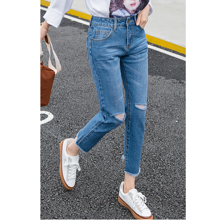 Light Blue Broken Washing Jeans for Lady (HDLJ0048-18)