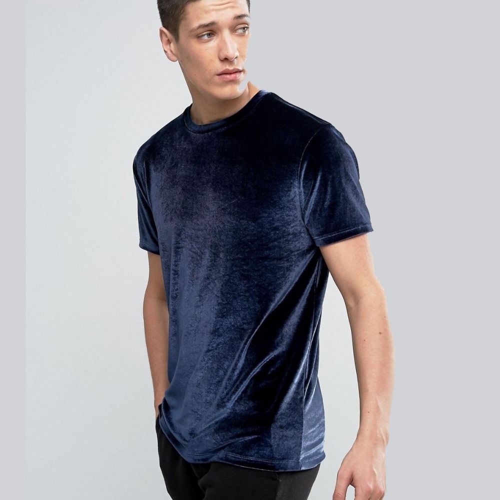 New Design Custom Short Sleeve Navy Blue Velour Tshirt for Men
