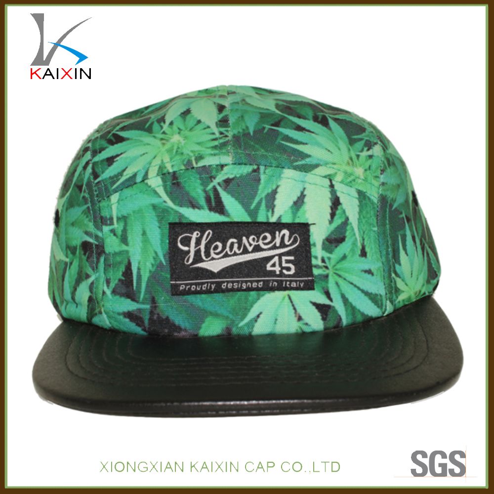 Custom Leather Brim Leaf Printed 5 Panel Camper Hat with Leather Strap