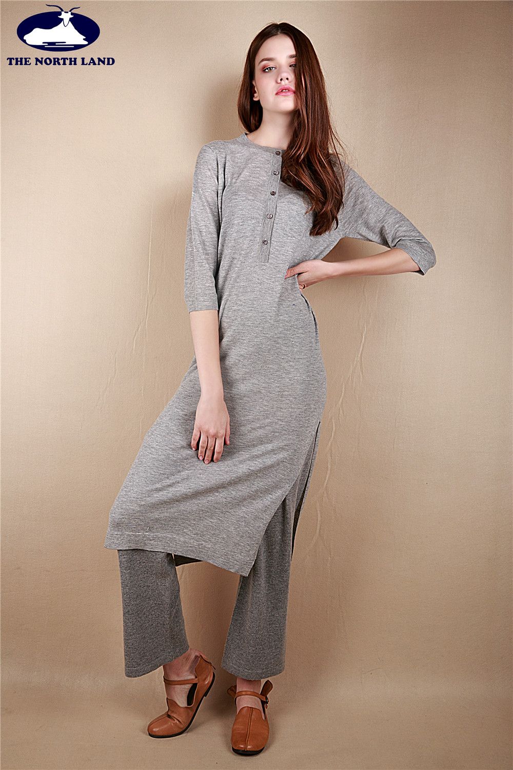 Cashmere Crew Neck Short Sleeves Long Pullover with Buttons (1)