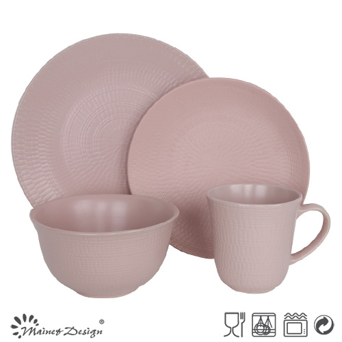 Embossed Pink Color Ceramic Stoneware Dinner Set