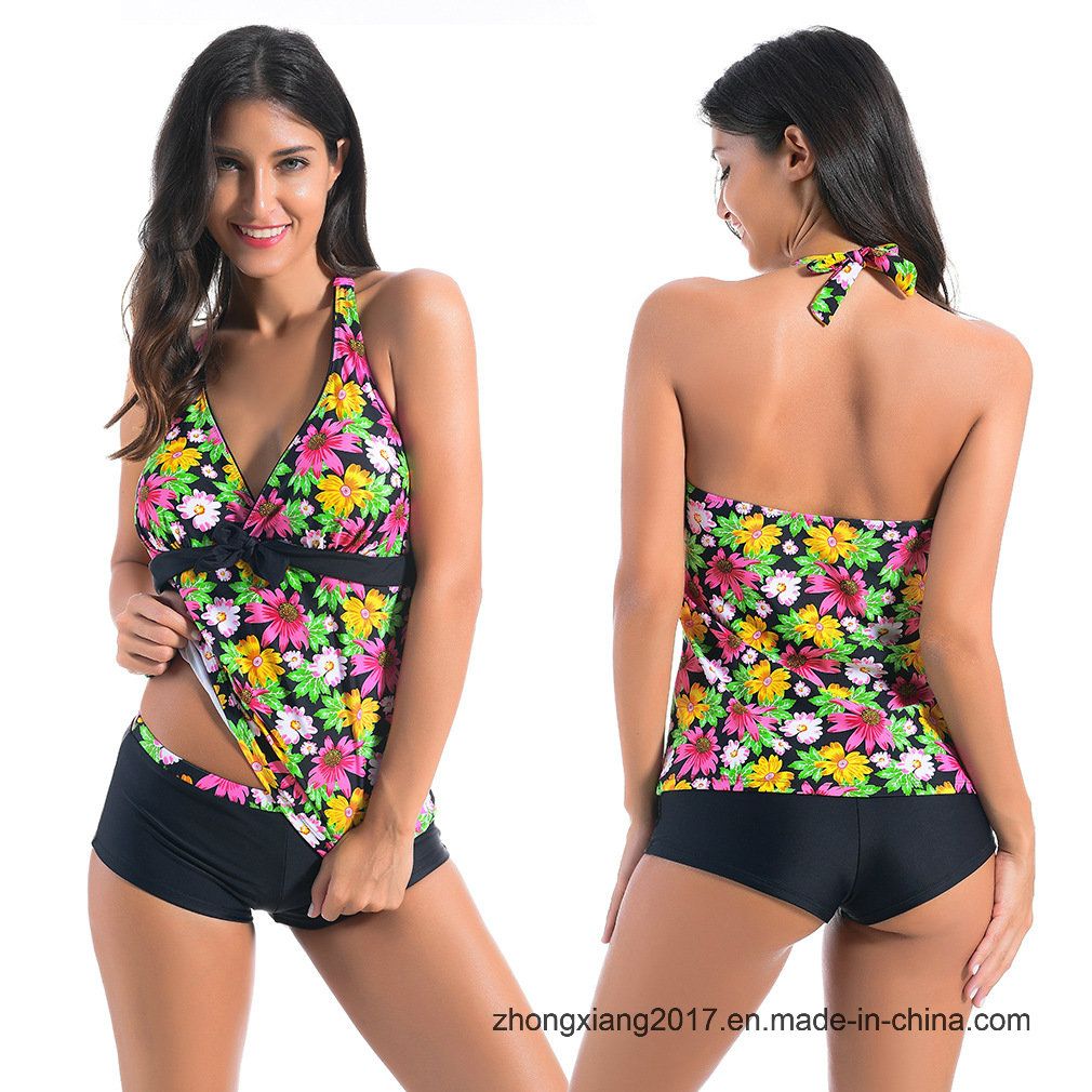 Bathing Suit Flower Print Blouson Tankini with Black Swim Bottom