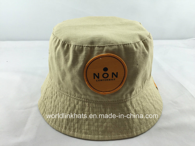 Cotton/Polyester Reversible Bucket Hat with Woven Patch Logo Design