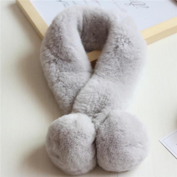 Women White Warm Comfortable Fake Rabbit Fur Trimmed Winter Scarf