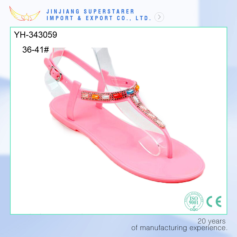 PVC Flat Pink Color Women Sandals Fashion Style with Rhinestone Upper