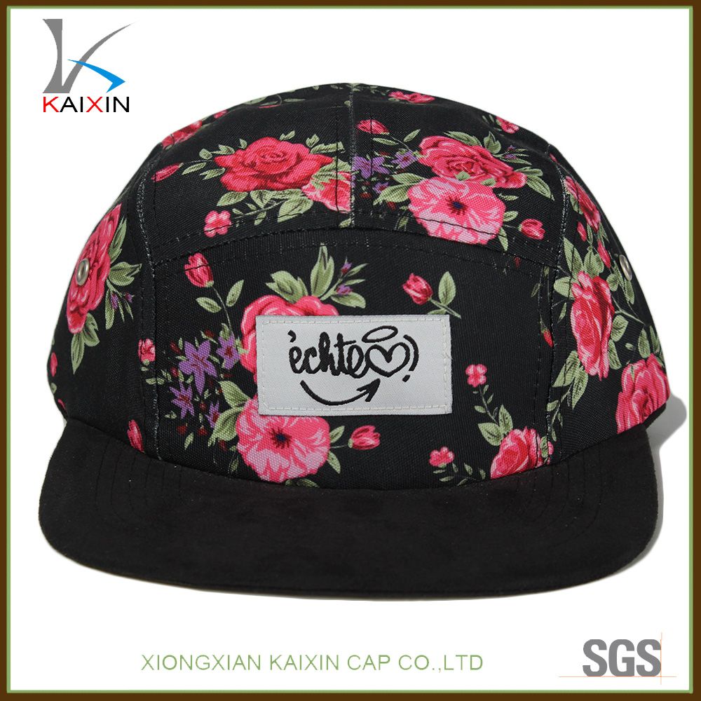 Wholesale Suede Brim Flower Sublimation Printing 5 Panel Cap Hat