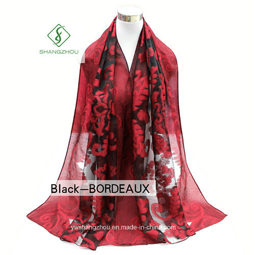 Hot Sale Lady Fashion Silk Woven Scarf with Cutting Flower