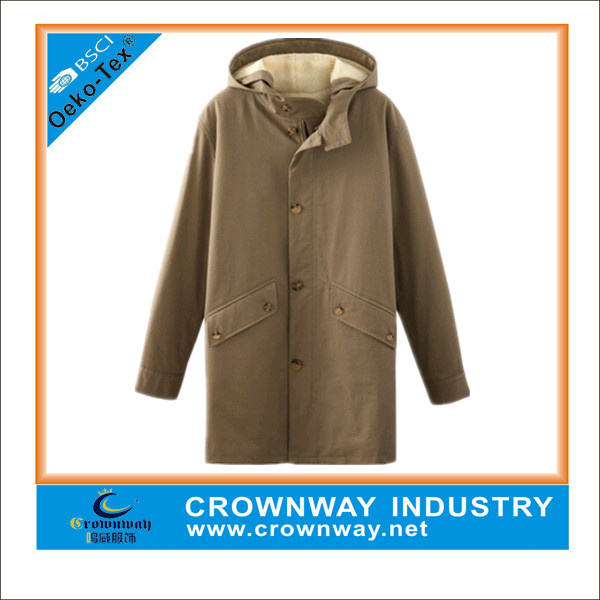 Mens Winter Khaki Buttoned&Zippered Parka Jackets with a Hood